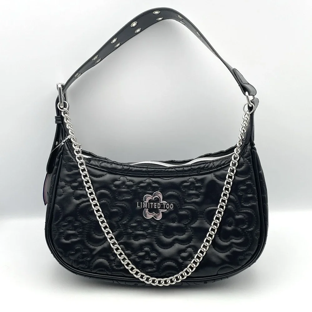 Vintage Y2K Limited Too Purse Bag Black Quilted Flower Shoulder Strap Chain EUC